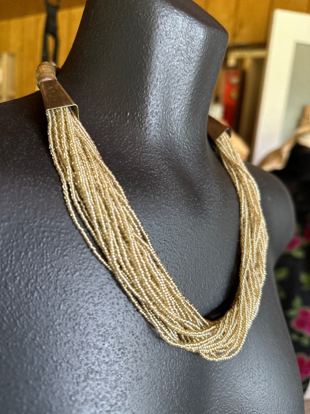 Vintage Multi-Strand Seed Bead Rope Necklace Antiqued Metal Accents